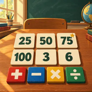Exactly cover art: Six number cards, 25, 50, 75, 100, 3 and 6, with red, blue, yellow and green sign blocks on a classroom desk.