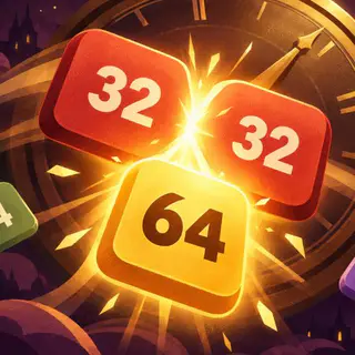 Merge 2048 cover art: Merge 2048: two 32 tiles merge into a glowing 64 in front of a brass clock face, with 2, 4, 8 and 16 tiles around them.