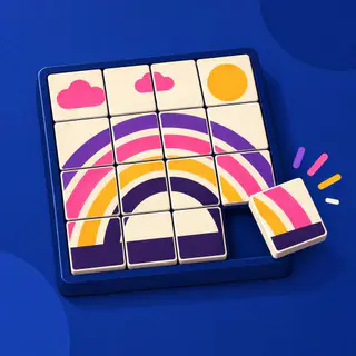 Slide Snap cover art: A 4 × 4 sliding puzzle of warm white tiles printed with a bold rainbow, the last corner piece dropping into its slot on a blue table.
