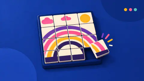Slide Snap cover art: A 4 × 4 sliding puzzle of warm white tiles printed with a bold rainbow, the last corner piece dropping into its slot on a blue table.