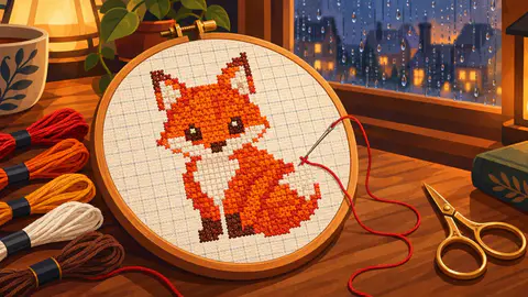 Stitch cover art: A wooden embroidery hoop with a cross-stitched fox, a needle of red thread pulling the last stitch, skeins of thread beside it.