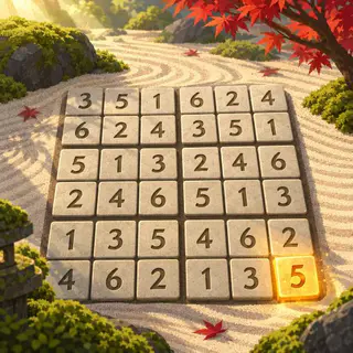Sudoku Sprint cover art: A 6×6 sudoku of carved stone tiles in a raked-sand zen garden, its last tile a glowing 5.