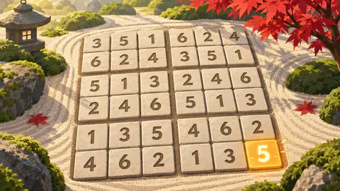 Sudoku Sprint cover art: A 6×6 sudoku of carved stone tiles in a raked-sand zen garden, its last tile a glowing 5.